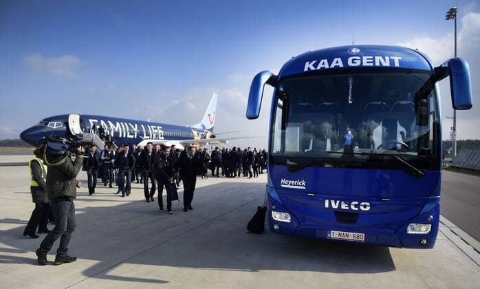 Illustration picture shows the KAA Gent team bus after the arrival of Belgian first league soccer team KAA Gent, Monday 07 March 2016 at Braunschweig airport, Germany. Gent is preparing for the return leg of the 1 8 finals of the UEFA Champions League competition against German club VfL Wolfsburg Tomorrow. Wolfsburg won the first leg 2-3. YORICKxJANSENS  x04806268x