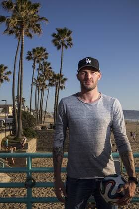 February 25, 2015 - Manhattan Beach, California, United States: The LA Galaxy soccer team newly acquired Belgian defender Jelle Van Damme at the Manhattan Beach Pier. Van Damme captained Standard Liege, for which he made 205 appearances since joining the team in 2011. He has also had stints with Germinal Beerschot (Belgium), Ajax (Netherlands), Southampton (England), Werder Bremen (Germany), Anderlecht (Belgium) and Wolverhampton Wanderers (England) and has made 30 appearances for the Belgium national team Nationalteam While at Anderlecht he was involved in a controversial racial incident when U.S. national team defender Oguchi Onyewu, an African American then with Standard Liege, accused Van Damme of calling him a dirty monkey. Onyewu sued Van Damme but the case was withdrawn after the players met and Van Damme apologized. Van Damme can play both on the back line and in the midfield. (Nancy Pastor Polaris) PICTURE NOT INCLUDED IN THE CONTRACTS local caption 05389722 Belgian defender Jelle Van Damme joins LA Galaxy PhotoNews Polaris, 05389722