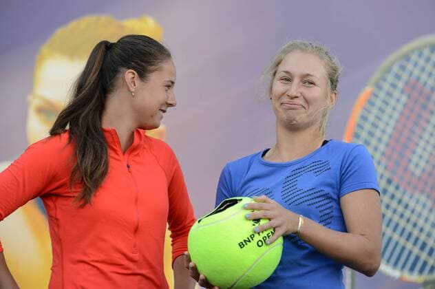 March 7, 2016 - Indian Wells, California, United States - DARIA KASATKINA (left) and DARIA GAVRILOVA at the WTA Tennis Damen draw ceremony for the BNP Paribas Open in Indian Wells California. Tennis 2016 - BNP Paribas Open - Day 1 - ZUMAl132
