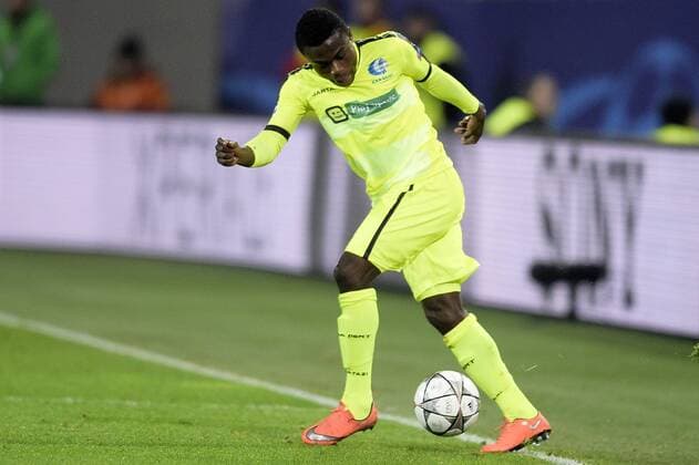 Gent s Moses Simon pictured in action during a soccer game between German team VfL Wolfsburg and Belgian club KAA Gent, the return game of the 1 8 final s of the UEFA Champions League competition, Tuesday 08 March 2016 in Wolfsburg, Germany. Wolfsburg won the first leg 2-3. YORICKxJANSENS  x04807156x