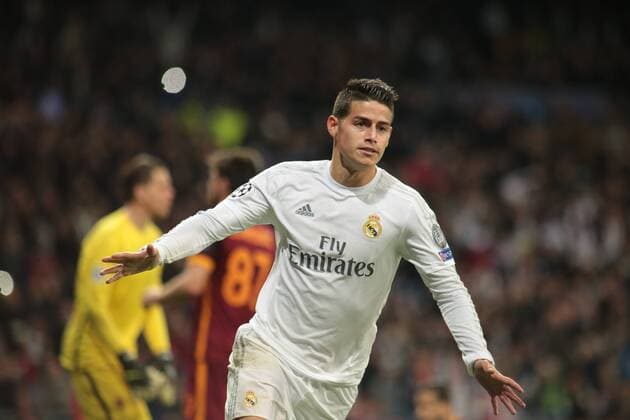 Fußball, Champions League, Real Madrid schlägt AS Rom 2:0 Madrid, Spain. 8th March 2016: James Rodriguez midfielder from Real Madrid CF, celebrating after scoring during the UEFA Champions League Round of 16, second leg against As Roma at the Santiago Bernabeu stadium. (Photo: Ivan Abanades Medina).  xIvanxAbanadesxMedinax xSoccerxSpainx xSpanishxCupx