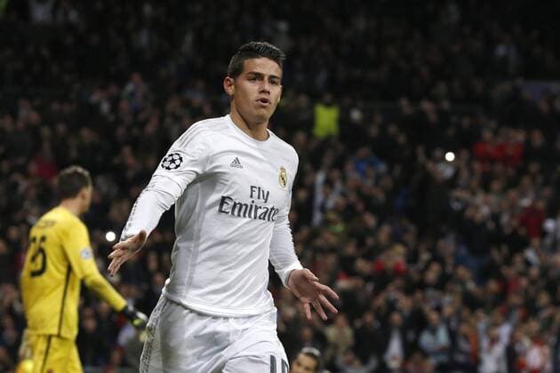 Real Madrid Colombian player James Rodriguez celebrates his goal before Roma during the Champions League round 16 match held at Santiago Bernabeu stadium in Madrid, Spain, 8 March 2016. REAL MADRID VS ROMA !ACHTUNG: NUR REDAKTIONELLE NUTZUNG!  GRA423 20160308-635930738431101061