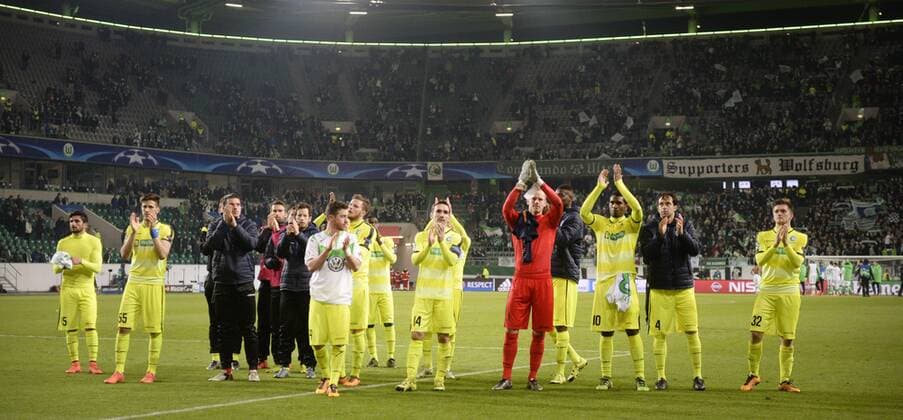 Gent s players pictured after a soccer game between German team VfL Wolfsburg and Belgian club KAA Gent, the return game of the 1 8 final s of the UEFA Champions League competition, Tuesday 08 March 2016 in Wolfsburg, Germany. Wolfsburg won the first leg 2-3. YORICKxJANSENS  x04807393x