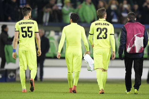 Gent s Rami Gershon, Gent s Kenneth Saief, Gent s Lasse Nielsen and Gent s Gustav Wikheim pictured after a soccer game between German team VfL Wolfsburg and Belgian club KAA Gent, the return game of the 1 8 final s of the UEFA Champions League competition, Tuesday 08 March 2016 in Wolfsburg, Germany. Wolfsburg won the first leg 2-3. YORICKxJANSENS  x04807398x