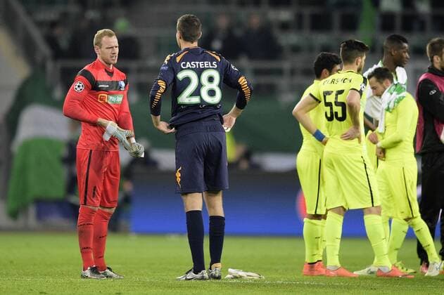 Gent s goalkeeper Matz Sels and Wolfsburg s goalkeeper Koen Casteels pictured after a soccer game between German team VfL Wolfsburg and Belgian club KAA Gent, the return game of the 1 8 final s of the UEFA Champions League competition, Tuesday 08 March 2016 in Wolfsburg, Germany. Wolfsburg won the first leg 2-3. YORICKxJANSENS  x04807443x