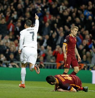 Second leg match of the 1 8 of the Champions League played between Real Madrid and AS Rom. In this picture, Cristiano Ronaldo celebrates his goal. xJosexA.xGarciax 