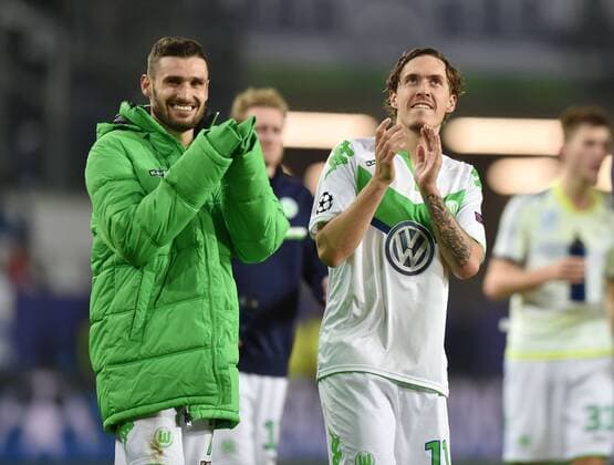 08.03.2016, Fussball, Saison 2015 2016, Champions League, Achtelfinale, VfL Wolfsburg - KAA Gent 1:0, Jubel Daniel Caligiuri (VfL Wolfsburg), li., und Max Kruse (VfL Wolfsburg)
