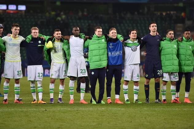 08.03.2016, Fussball, Saison 2015 2016, Champions League, Achtelfinale, VfL Wolfsburg - KAA Gent 1:0, Wolfsburgs Spieler feiern den Sieg