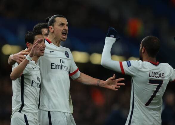 09.03.2016. Stamford Bridge, London, England. Champions League. Chelsea versus Paris Saint Germain. Paris St. Germain Forward Zlatan Ibrahimovic ; celebrates Paris St. Germain Midfielder Adrien Rabiot s goal, 1-0 Paris St. Germain xMarkxKertonx  ActionPlus11715910