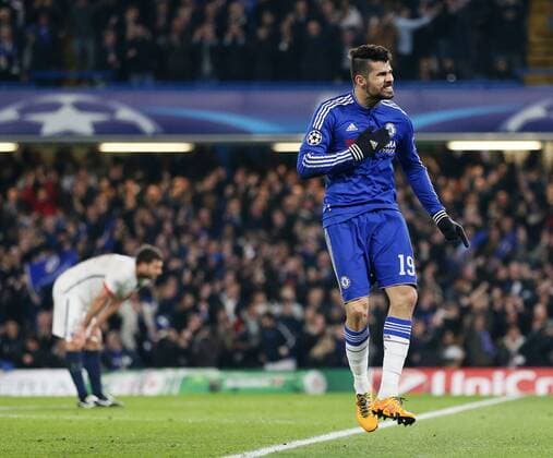 Chelsea s Diego Costa celebrates scoring his sides opening goal - UEFA Champions League - Chelsea vs Paris Saint Germain - Stamford Bridge - London - England - 9th March 2016 - Pic David Klein Sportimage EDITORIAL USE ONLY. No use with unauthorised audio, video, data, fixture lists, club league logos or live services. Online in-match use limited to 120 images, no video emulation. No use in betting, games or single club league player publications.