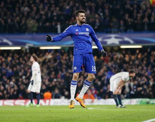 Chelsea s Diego Costa celebrates scoring his sides opening goal - UEFA Champions League - Chelsea vs Paris Saint Germain - Stamford Bridge - London - England - 9th March 2016 - Pic David Klein Sportimage EDITORIAL USE ONLY. No use with unauthorised audio, video, data, fixture lists, club league logos or live services. Online in-match use limited to 120 images, no video emulation. No use in betting, games or single club league player publications.
