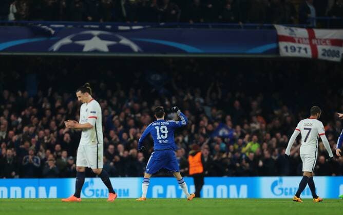 09.03.2016. Stamford Bridge, London, England. Champions League. Chelsea versus Paris Saint Germain. Chelsea Forward Diego Costa makes it 1-1, with a perfect strike past Paris St. Germain Goalkeeper Kevin Trapp, and celebrates in front of his fans xMarkxKertonx  ActionPlus11715930