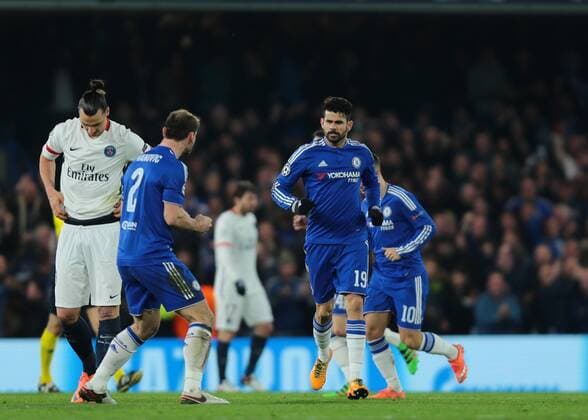09.03.2016. Stamford Bridge, London, England. Champions League. Chelsea versus Paris Saint Germain. Chelsea Forward Diego Costa (centre) makes it 1-1, and celebrates with Chelsea Defender Branislav Ivanovic, as Paris St. Germain Forward Zlatan Ibrahimovic ; looks to the ground dejected xMarkxKertonx  ActionPlus11715932