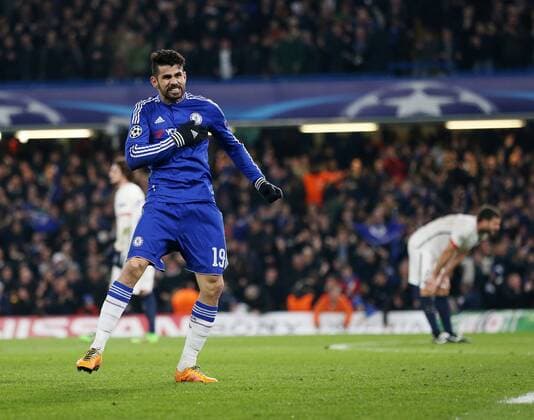 Chelsea s Diego Costa celebrates scoring his sides opening goal - UEFA Champions League - Chelsea vs Paris Saint Germain - Stamford Bridge - London - England - 9th March 2016 - Pic David Klein Sportimage EDITORIAL USE ONLY. No use with unauthorised audio, video, data, fixture lists, club league logos or live services. Online in-match use limited to 120 images, no video emulation. No use in betting, games or single club league player publications.