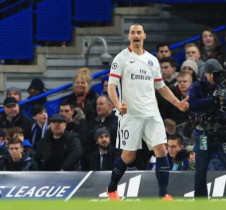 PGS s Zlatan Ibrahimovic celebrates his sides opening goal - UEFA Champions League - Chelsea vs Paris Saint Germain - Stamford Bridge - London - England - 9th March 2016 - Pic David Klein Sportimage EDITORIAL USE ONLY. No use with unauthorised audio, video, data, fixture lists, club league logos or live services. Online in-match use limited to 120 images, no video emulation. No use in betting, games or single club league player publications.