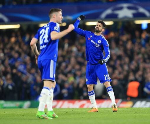 Chelsea s Diego Costa celebrates scoring his sides opening goal - UEFA Champions League - Chelsea vs Paris Saint Germain - Stamford Bridge - London - England - 9th March 2016 - Pic David Klein Sportimage EDITORIAL USE ONLY. No use with unauthorised audio, video, data, fixture lists, club league logos or live services. Online in-match use limited to 120 images, no video emulation. No use in betting, games or single club league player publications.