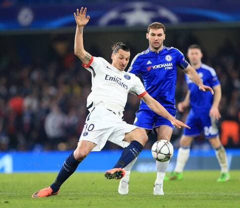 Chelsea s Bratislav Ivanovic tussles with PGS s Zlatan Ibrahimovic - UEFA Champions League - Chelsea vs Paris Saint Germain - Stamford Bridge - London - England - 9th March 2016 - Pic David Klein Sportimage EDITORIAL USE ONLY. No use with unauthorised audio, video, data, fixture lists, club league logos or live services. Online in-match use limited to 120 images, no video emulation. No use in betting, games or single club league player publications.