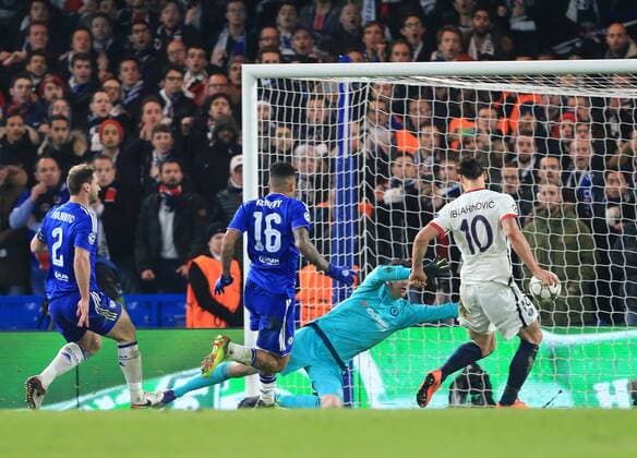 PGS s Zlatan Ibrahimovic scoring his sides second goal - UEFA Champions League - Chelsea vs Paris Saint Germain - Stamford Bridge - London - England - 9th March 2016 - Pic David Klein Sportimage EDITORIAL USE ONLY. No use with unauthorised audio, video, data, fixture lists, club league logos or live services. Online in-match use limited to 120 images, no video emulation. No use in betting, games or single club league player publications.
