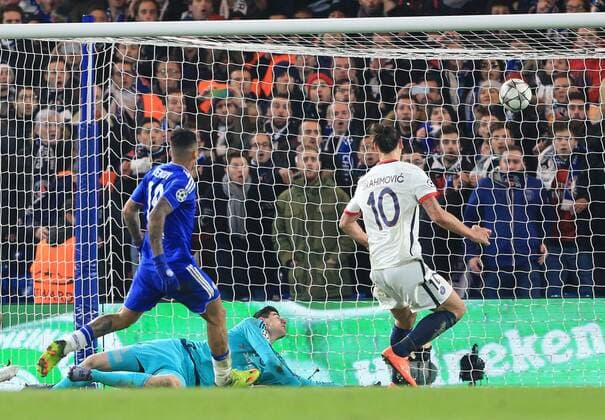 PGS s Zlatan Ibrahimovic scoring his sides second goal - UEFA Champions League - Chelsea vs Paris Saint Germain - Stamford Bridge - London - England - 9th March 2016 - Pic David Klein Sportimage EDITORIAL USE ONLY. No use with unauthorised audio, video, data, fixture lists, club league logos or live services. Online in-match use limited to 120 images, no video emulation. No use in betting, games or single club league player publications.