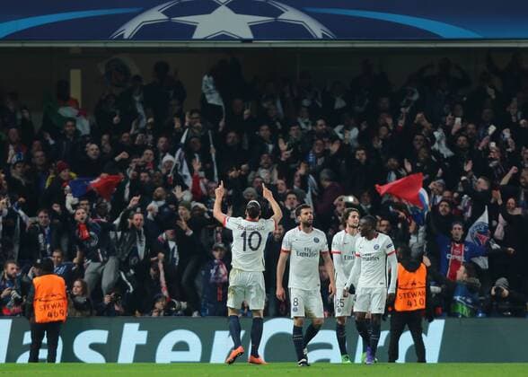 09.03.2016. Stamford Bridge, London, England. Champions League. Chelsea versus Paris Saint Germain. Paris St. Germain Forward Zlatan Ibrahimovic ; celebrates his goal making it 2-1 to PSG, and points to his fans xMarkxKertonx  ActionPlus11715954