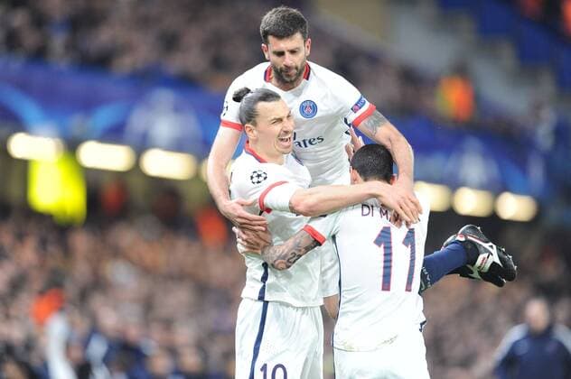ZLATAN IBRAHIMOVIC (psg) - THIAGO MOTTA (psg) - JOIE FOOTBALL : Chelsea FC London vs Paris St. Germain (PSG) - Champions League - 09 03 2016 FEPx 