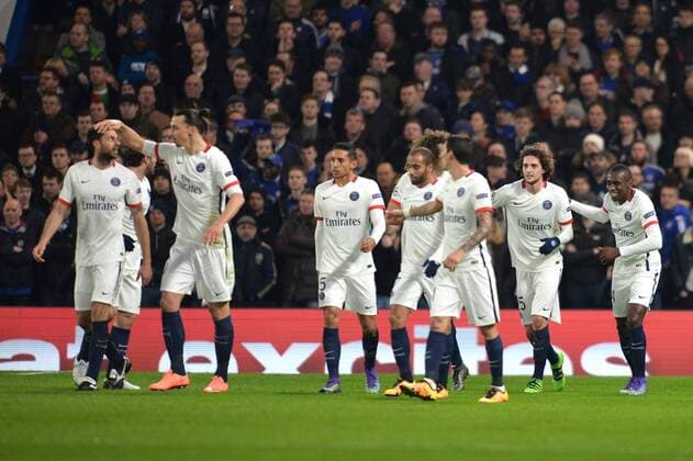 ZLATAN IBRAHIMOVIC (psg) - THIAGO MOTTA (psg) - MARQUINHOS (psg) - ADRIEN RABIOT (psg) - BLAISE MATUIDI (psg) - JOIE FOOTBALL : Chelsea FC London vs Paris St. Germain (PSG) - Champions League - 09 03 2016 AnthonyBIBARD FEPx 