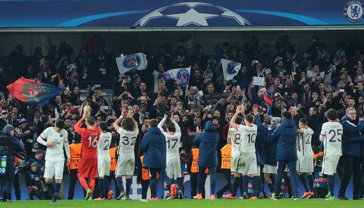 09.03.2016. Stamford Bridge, London, England. Champions League. Chelsea versus Paris Saint Germain. PSG players celebrate with their fans at full time xMarkxKertonx  ActionPlus11716000