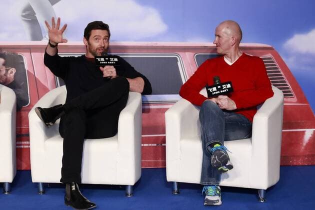 BEIJING, CHINA - MARCH 09: (CHINA OUT) Australian actor Hugh Jackman (L) and British skier Michael Edwards, better known as Eddie The Eagle Edwards, attend a press conference PK Pressekonferenz of director Dexter Fletcher s film Eddie the Eagle on March 9, 2016 in Beijing, China.  CFP480894402 