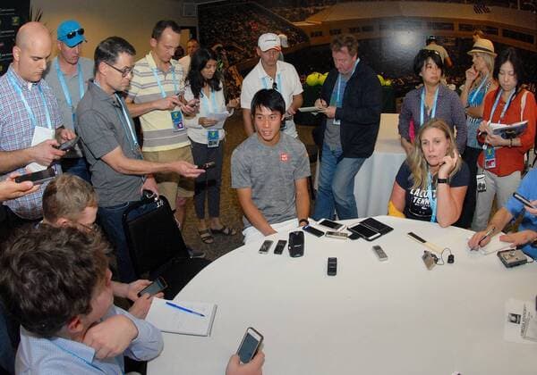 09 Mar. 2016: Tennis player Kei Nishikori (JPN) talks with the media during the tennis all-access hour and ATP Tennis Herren Tour Media Day at the BNP Paribas Open played at the Indian Wells Tennis Garden in Indian Wells, CA. (Photo By John Cordes Icon Sportswire) TENNIS: MAR 09 BNP Paribas Open Icon506160309023 EDITORIAL USE ONLY