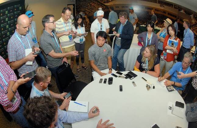 09 Mar. 2016: Tennis player Kei Nishikori (JPN) talks with the media during the tennis all-access hour and ATP Tennis Herren Tour Media Day at the BNP Paribas Open played at the Indian Wells Tennis Garden in Indian Wells, CA. (Photo By John Cordes Icon Sportswire) TENNIS: MAR 09 BNP Paribas Open Icon506160309024 EDITORIAL USE ONLY