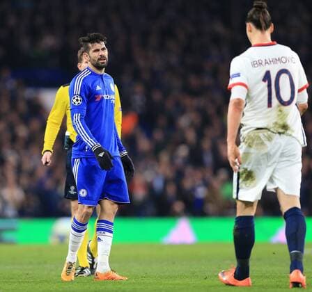 Chelsea s Diego Costa watches PSG s Zlatan Ibrahimovic - UEFA Champions League - Chelsea vs Paris Saint Germain - Stamford Bridge - London - England - 9th March 2016 - Pic David Klein Sportimage EDITORIAL USE ONLY. No use with unauthorised audio, video, data, fixture lists, club league logos or live services. Online in-match use limited to 120 images, no video emulation. No use in betting, games or single club league player publications.