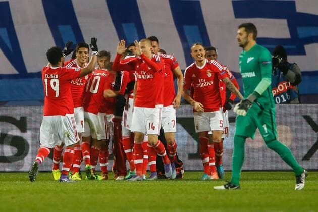 March 9, 2016 - St. Petersburg, STP, Russia - Benfica players celebrate a victory as Yury Lodygin of Zenit (R) walks by during the UEFA Champions League Round of 16 second leg match between FC Zenit St. Petersburg and SL Benfica at Petrovsky stadium on 9th March 2016. FC Zenit St. Petersburg v SL Benfica - UEFA Champions League  - ZUMAn230