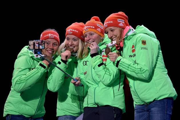 BIATHLON - IBU WC Oslo 2016 OSLO,NORWAY,11.MAR.16 - BIATHLON - IBU World Championships, 4x6km relay, ladies, award ceremony. Image shows Laura Dahlmeier, Maren Hammerschmidt, Franziska Hildebrand and Franziska Preuss (GER). GEPAxpictures xFlorianxErtl