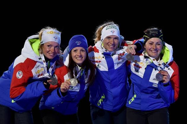 BIATHLON - IBU WC Oslo 2016 OSLO,NORWAY,11.MAR.16 - BIATHLON - IBU World Championships, 4x6km relay, ladies, award ceremony. Image shows Marie Dorin Habert, Anais Chevalier, Anais Bescond and Justine Braisaz (FRA). Keywords: medal. GEPAxpictures xFlorianxErtl