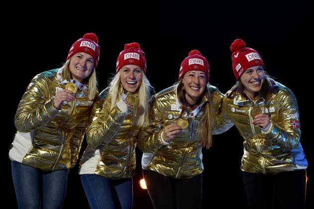 BIATHLON - IBU WC Oslo 2016 OSLO,NORWAY,11.MAR.16 - BIATHLON - IBU World Championships, 4x6km relay, ladies, award ceremony. Image shows Marte Olsbu, Tiril Eckhoff, Fanny Horn Birkeland and Synnoeve Solemdal (NOR). Keywords: medal. GEPAxpictures xFlorianxErtl