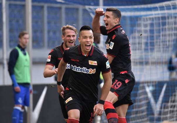 12.03.2016, Fussball, Saison 2015 2016, 2. Bundesliga, 26. Spieltag, MSV Duisburg - Union Berlin, Jubel Bobby Wood (Union Berlin), mi., nach seinem Tor zum 0:1