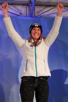 ALPINE SKIING - FIS WC Lenzerheide LENZERHEIDE,GERMANY,12.MAR.16 - ALPINE SKIING - FIS World Cup, Super G, ladies, award ceremony. Image shows the rejoicing of Cornelia Huetter (AUT). Picture shot with a Canon EOS-1D X Mark II sample. GEPAxpictures xChristianxWalgram