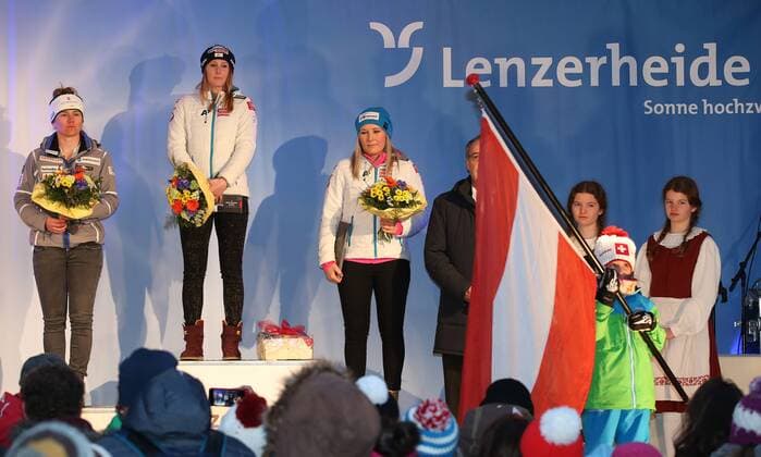 ALPINE SKIING - FIS WC Lenzerheide LENZERHEIDE,GERMANY,12.MAR.16 - ALPINE SKIING - FIS World Cup, Super G, ladies, award ceremony. Image shows Fabienne Suter (SUI), Cornelia Huetter and Tamara Tippler (AUT). GEPAxpictures xHaraldxSteiner