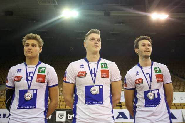 VOLLEYBALL - MEVZA, Ljubljana vs Hypo Tirol LJUBLJANA,SLOVENIA,12.MAR.16 - VOLLEYBALL - MEVZA, Middle European Volleyball Zonal Association, Final Four, men, final, ACH Volley Ljubljana vs Hypo Tirol VT, award ceremony. Image shows Niklas Kronthaler (Hypo Tirol), Janis Peda (Hypo Tirol) and Lorenz Koraimann (Hypo Tirol). GEPAxpictures xMaticxKlansek