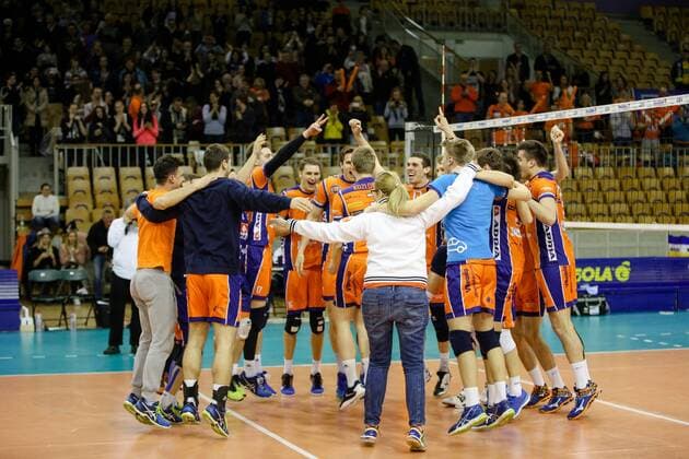 VOLLEYBALL - MEVZA, Ljubljana vs Hypo Tirol LJUBLJANA,SLOVENIA,12.MAR.16 - VOLLEYBALL - MEVZA, Middle European Volleyball Zonal Association, Final Four, men, final, ACH Volley Ljubljana vs Hypo Tirol VT. Image shows the rejoicing of Ljubljana. GEPAxpictures xMaticxKlansek