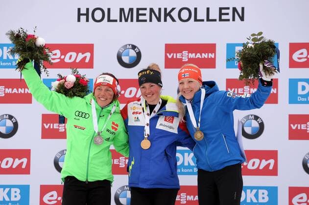 BIATHLON - IBU WC Oslo 2016 OSLO,NORWAY,13.MAR.16 - BIATHLON - IBU World Championships, 12.5km mass start, ladies award ceremony. Image shows Laura Dahlmeier (GER), Marie Dorin Habert (FRA) and Kaisa Maekaeraeinen (FIN). Keywords: medal. GEPAxpictures xFlorianxErtl