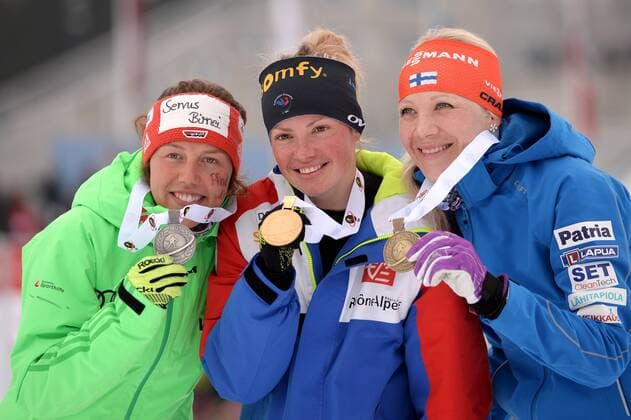 BIATHLON - IBU WC Oslo 2016 OSLO,NORWAY,13.MAR.16 - BIATHLON - IBU World Championships, 12.5km mass start, ladies award ceremony. Image shows Laura Dahlmeier (GER), Marie Dorin Habert (FRA) and Kaisa Maekaeraeinen (FIN). Keywords: medal. GEPAxpictures xFlorianxErtl