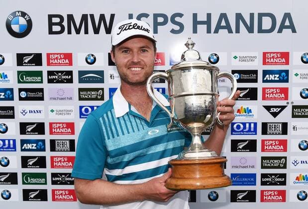 13.03.2016. Arrowtown, New Zealand. Australia s Matthew Griffin with the Brodie Breeze trophy after winning the NZ Open at The Hills during 2016 BMW ISPS Handa New Zealand Open. Sunday 13 March 2016. xAndrewxCornagax  ActionPlus11717582