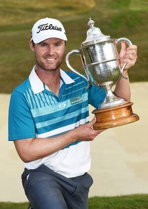 13.03.2016. Arrowtown, New Zealand. Australia s Matthew Griffin poses for a picture after winning the NZ Open at The Hills during 2016 BMW ISPS Handa New Zealand Open. Sunday 13 March 2016. xAndrewxCornagax  ActionPlus11717572
