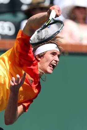 March 13, 2016: Alexander Zverev of Germany serves against Grigor Dimitrov of Bulgaria during the 2016 BNP Paribas Open at Indian Wells Tennis Garden in Indian Wells, California. TENNIS 2016: BNP Paribas Open MAR 13 - ZUMAcb8_