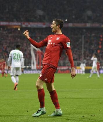 12.03.2016, Fussball 1.Bundesliga 2015 2016, 26.Spieltag, FC Bayern München - SV Werder Bremen, in der Allianz-Arena München. Torjubel Robert Lewandowski (FC Bayern München). 