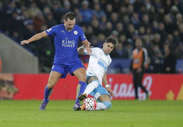 Danny Drinkwater of Leicester City competes with Ayoze Perrez of Newcastle during the Barclays Premier League match at The King Power Stadium. Photo credit should read: Malcolm Couzens Sportimage EDITORIAL USE ONLY. No use with unauthorised audio, video, data, fixture lists, club league logos or live services. Online in-match use limited to 120 images, no video emulation. No use in betting, games or single club league player publications.