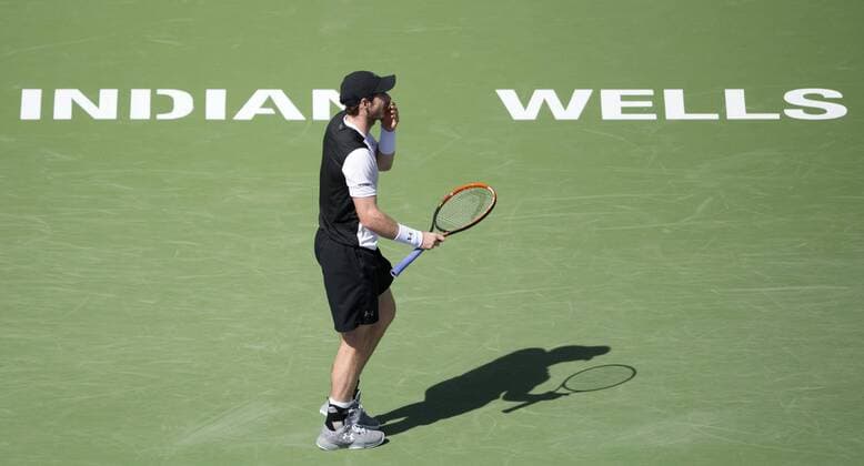 Andy Murray of Britain reacts during his third round men s singles against Federico Delbonis of Argentina at the BNP Paribas Open in Indian Wells, the United States, on March 14, 2016. Murray lost 1-2. Yang Lei) (SP)U.S.-INDIAN WELLS-TENNIS-BNP PARIBAS OPEN YangxLeixC 