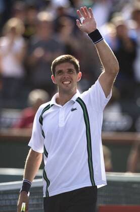 Federico Delbonis of Argentina celebrates after his third round men s singles against Andy Murray of Britain at the BNP Paribas Open in Indian Wells, the United States, on March 14, 2016. Federico Delbonis won 2-1. Yang Lei) (SP)U.S.-INDIAN WELLS-TENNIS-BNP PARIBAS OPEN YangxLeixC 