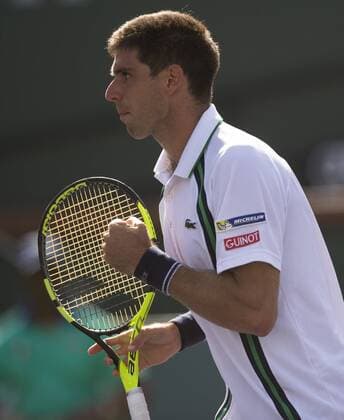 Federico Delbonis of Argentina reacts during his third round men s singles against Andy Murray of Britain at the BNP Paribas Open in Indian Wells, the United States, on March 14, 2016. Federico Delbonis won 2-1. Yang Lei) (SP)U.S.-INDIAN WELLS-TENNIS-BNP PARIBAS OPEN YangxLeixC 